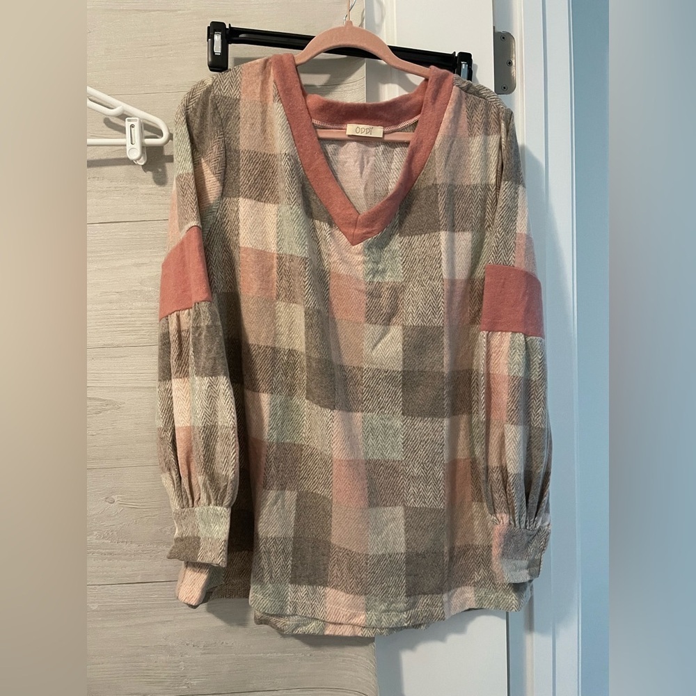 ODDY Plaid V-Neck Blouse - Pink and Brown- Brand New